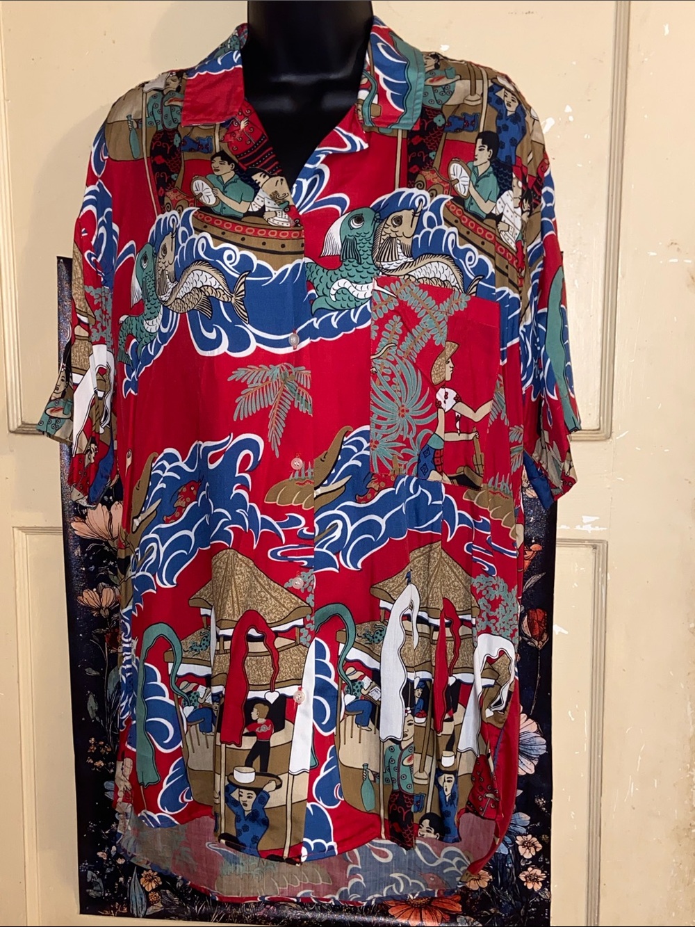 VTG ASIAN MOTIF BUTTON UP SHIRT Genera Sea Monsters Boats People Palm Trees